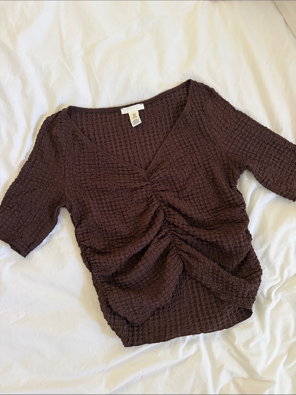 H&M Chocolate Brown Ruched Short Sleeve Top MEDIUM